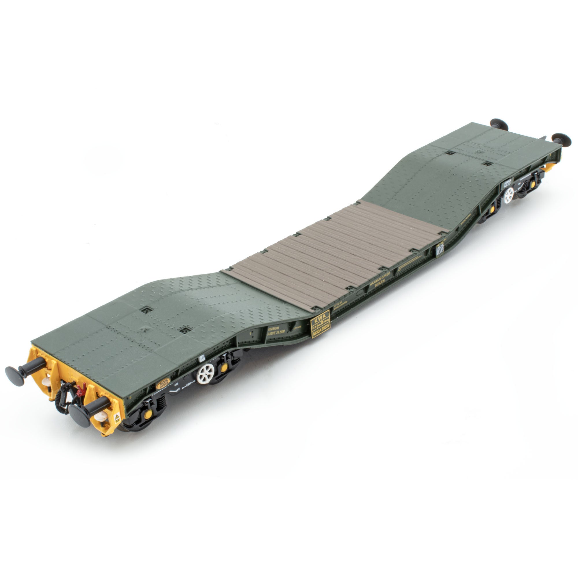 50 t KWA „Warwell“-Militärflachwagen mit Gloucester-GPS-Drehgestellen in MOD 2000s-Grün mit gelben Enden – modifiziert – MODA95535